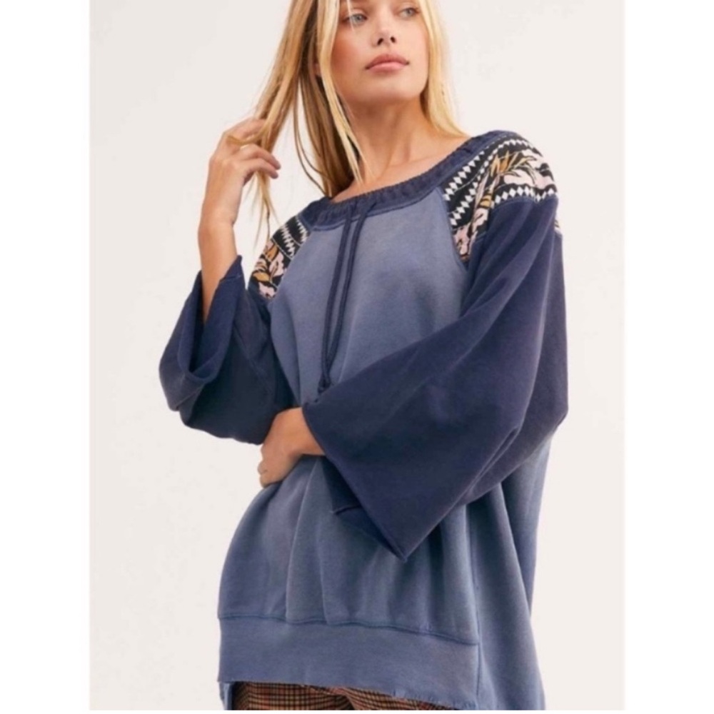 Free People We The Free Rosalee Blue and Navy Embroidered Sweatshirt